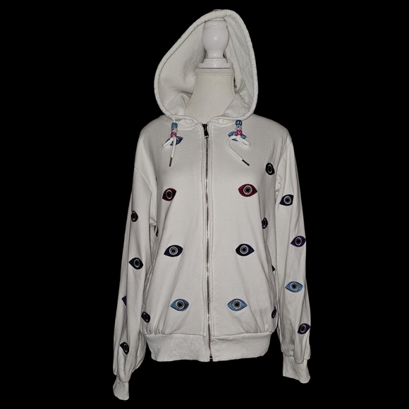 Lola + The Boys Evil Eye Hoodie Womens White Beaded Embroidered Zip Sz M - Picture 2 of 16